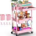 Goovilla 3 Tier Rolling Utility Cart Organizer with Removable Drawer, Stable and Sturdy Pink Rolling Storage Carts with 2 Lockable Wheels for Bathroom, Kitchen, Snack, Craft, Makeup, Baby Essentials