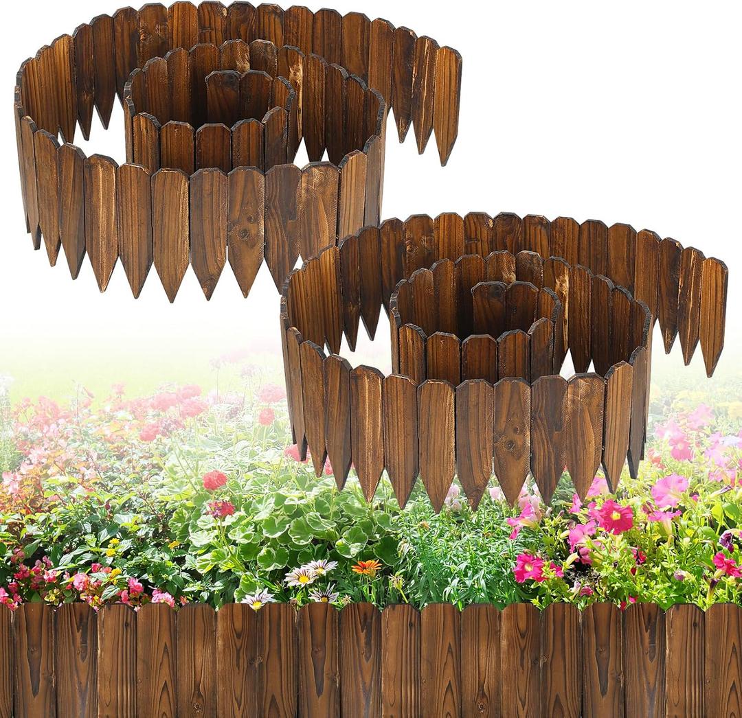Rustic Pine Wood Garden Fence - 26.2ft Total Length (2pcs 13.1ft L*12in H) Easy to Install Sturdy Wooden Landscape Edging Border, No Fading Planter Fencing for Yard Flower Bed Lawns Pathway Tree