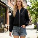 Women’s Quilted Bomber Jacket, Lightweight Zip Up Casual Outerwear, Cropped Slim Fit, Comfortable Daily Wear (Large,Black)