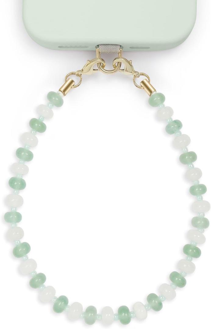 Natural Stone Phone Charm, Beaded Healing Phone Wrist Strap, Handmade Cellphone Chain Lanyard with Tether Tab (Green Moon)