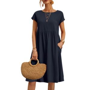 Women's Dress 2024 Casual Summer Cotton Dress with Pockets Short Sleeve Loose Midi Shirt Dress