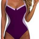 SUUKSESS Womens Tummy Control One Piece Swimsuit Sexy Crisscross Back Bathing Suit (Small, Purple Colorblock)