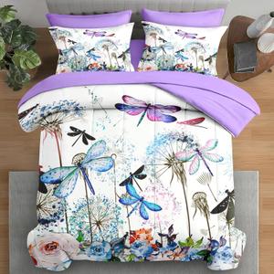 Pamnest Comforter Set Queen Size, Dragonfly Flower 7 Pcs Bedding for Kids and Adults, Purple Rose Hydrangea Bed Sheet Sets with Fitted Sheet 2 Pillowcases & 2 Shams for Bedroom Bed Decor