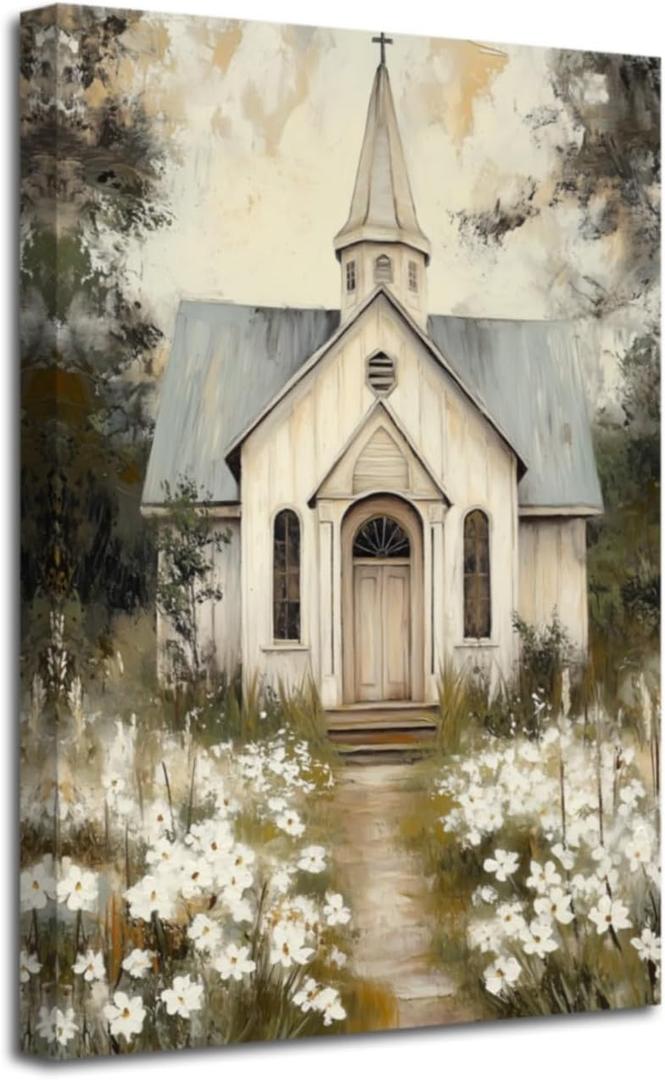 YMXDYMJSW Christian Church Wall Art Country Church Canvas Prints Christian Religious Faith Picture Rustic Farmhouse Poster for Bedroom Living Room Bedroom Decor (Brown, (24L x 16W))