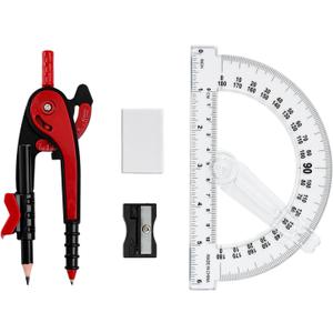 4 x Unjoo Compass and Protractor Set, 6 Inch Protractor with Swing Arm (Red)