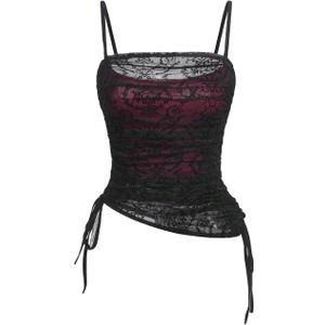 SOLY HUX Women's Ruched Lace Cami Top Drawstring Sleeveless Clubwear Sexy Gothic Tops (Black, XL)
