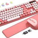 Wireless Keyboard and Mouse - Cute Round Keycaps, Detachable Wrist Rest, Full-Size Retro Typewriter Keyboard with Tilt Legs, 2.4G Wireless Combo for Women, PC, Laptop, Windows - Trueque (Blush Pink)