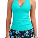 Women Tankini with Skirt - 2 Piece Swimsuits Tummy Control Bathing Suits Halter V Neck Swimwear 2025 (XX-Large, Aqua and Blue Flower)