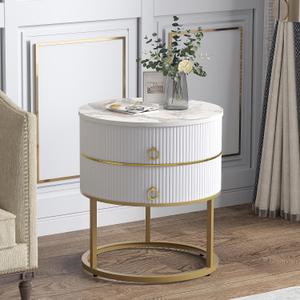 O&K FURNITURE Marble End Table with Storage, Round Nightstand with Drawer, White and Gold Side Table Metal Legs for Bedroom Living Room, Bedside Table Furniture, Marbling Natural Stone (Gold)