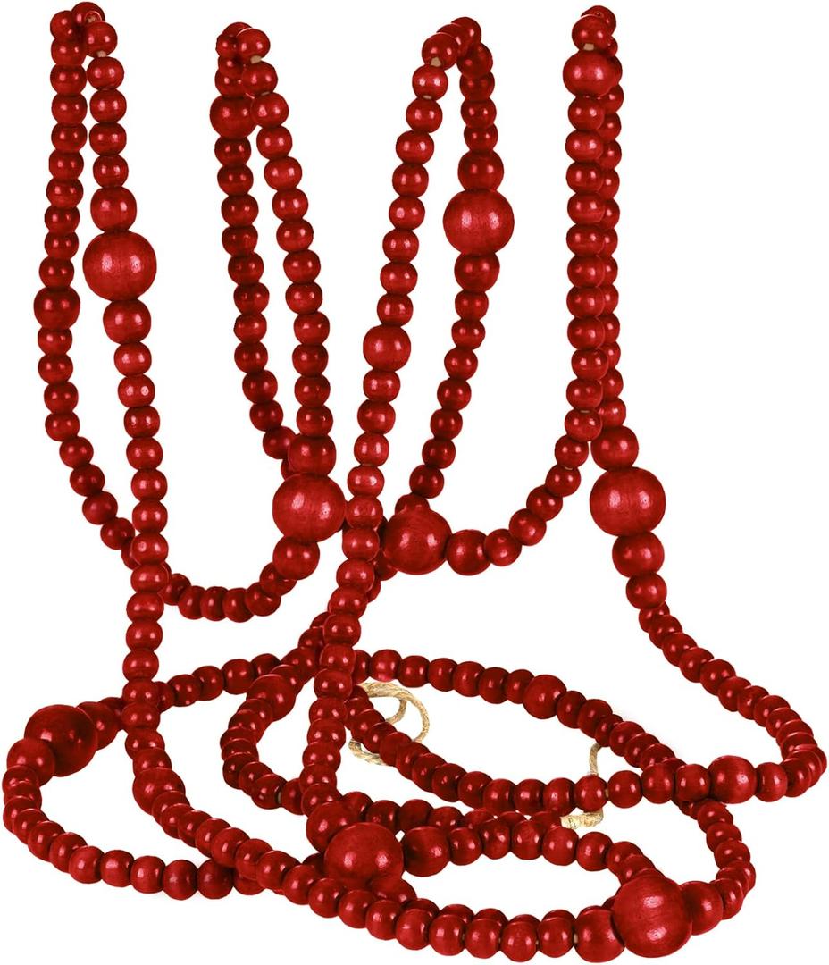 12 Feet Christmas Wooden Beads Garland Round Craft Farmhouse Vintage Wood Bead Garlands for Xmas Decoration Supplies(Dark Red)