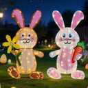 Easter Decorations Outdoor Yard Decor, Set of 2 Lighted Bunny Ornament for Porch Lawn Patio Garden, 120 LED Lights, 35 Inch, Rabbit Gifts for Women Mom, with Carrot & Blossom