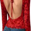 MakeMeChic Women's Floral Tie Backless Tee Top Crew Neck Lettuce Trim Long Sleeve T Shirt Tops (Small, Red)