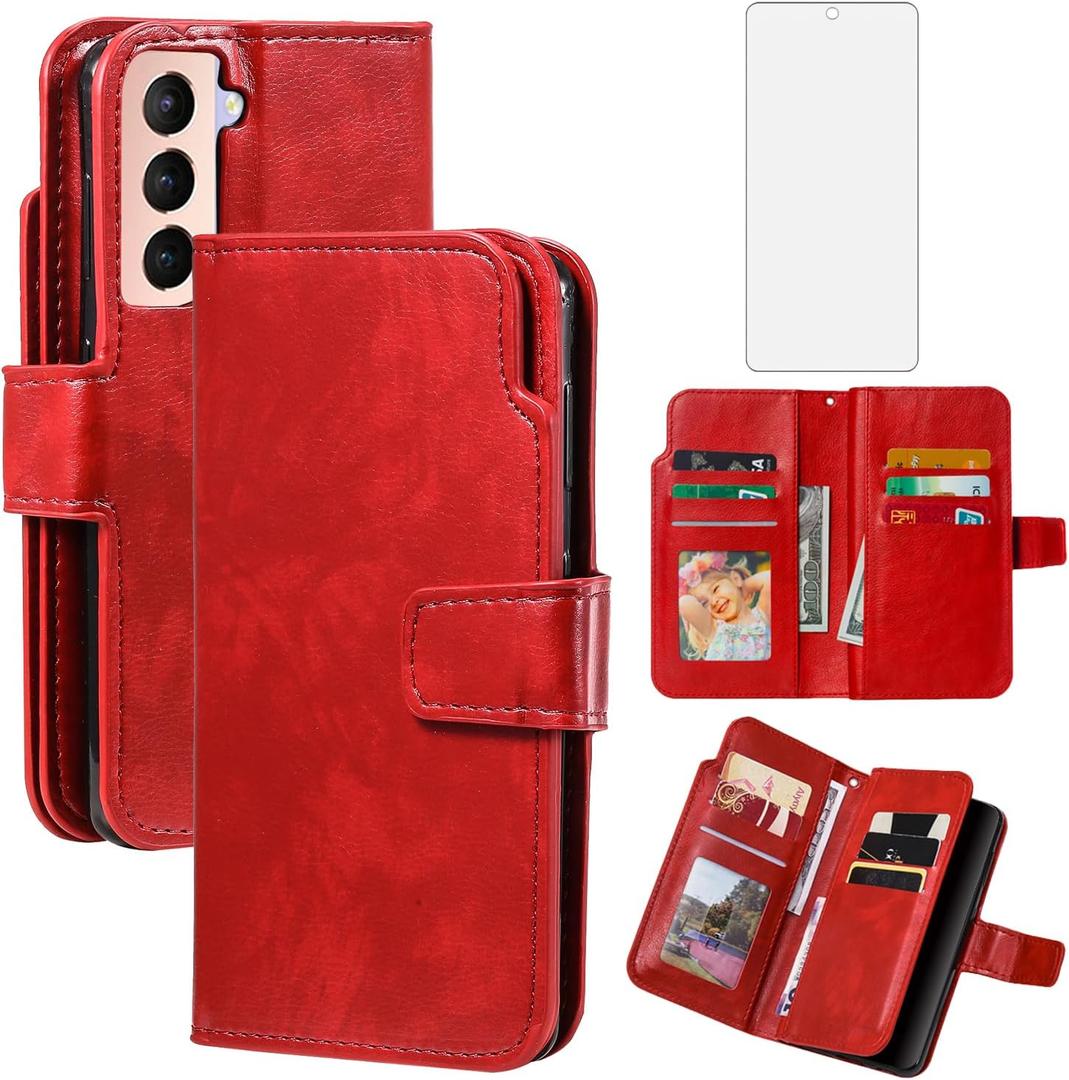 Asuwish Phone Case for Samsung Galaxy S21 5G 6.2 inch Wallet Cover with Tempered Glass Screen Protector Flip Credit Card Holder Slot Stand Purse Folio Pocket Mobile TPU Cell S 21 21S G5 Women Men Red
