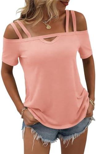 Micticsi Womens Cold Shoulder Tops for Women Summer Sexy Cut Out Tops Short Sleeve Criss Cross Casual Shirts, XXL