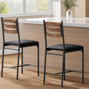 Bar Stools Set of 2, Wooden Barstools, Faux Leather Upholstered Bar Chair with Back & Footrest & Thick Cushion, Counter Height Bar Stools for Kitchen Island Apartment, Brown (2 Bar Stools)