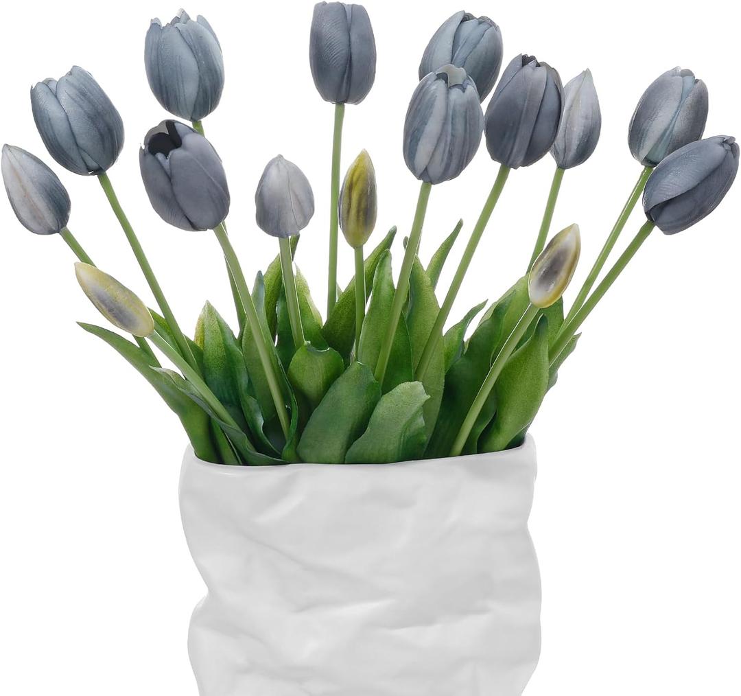 15 Pcs Fall Blue Artificial Tulips Fake Flowers, Premium Latex Lifelike Texture, UV Resistant Waterproof Faux Tulip Bouquets with Snap-on Petals for Outdoor, Home, Wedding Decor