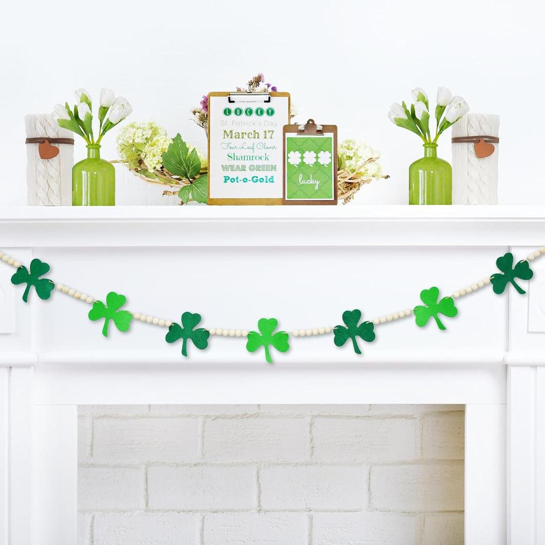 4.2 FT St. Patrick's Day Wooden Beads Garland with Clover Charms, Irish-Themed Shamrock Beaded Tiered Tray Decor, Rustic Farmhouse Banner for March Celebration, Shelf Display, Fireplace, Wall Decor (3-leaf Clover)