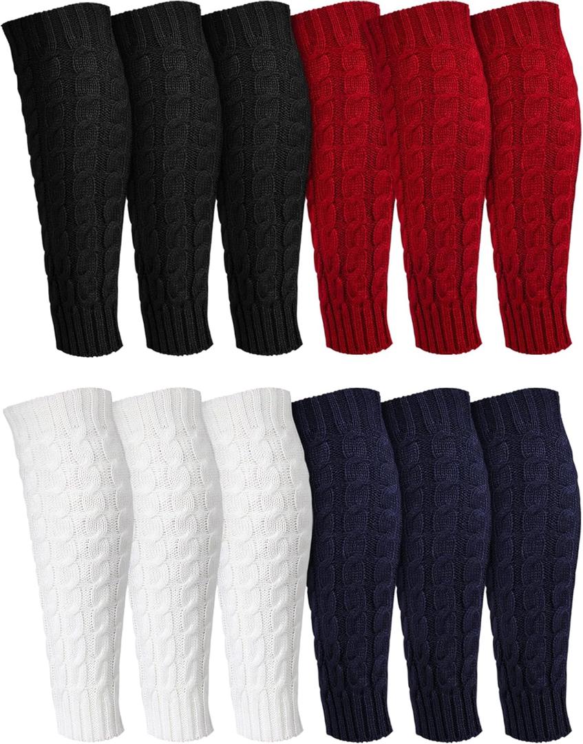 Geyoga 12 Pairs Women Leg Warmers for Winter, Cable Knit Knee High 80s Plus Size Leg Warmers for Boot Yoga Socks Ballet Dance (Black, Wine Red, White, Navy Blue)