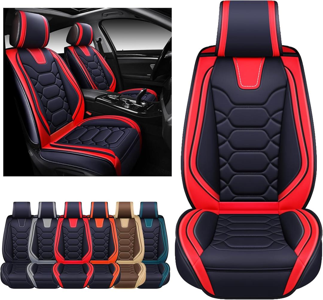 OASIS AUTO Car Seat Covers Premium Waterproof Faux Leather Cushion Universal Accessories Fit SUV Truck Sedan Automotive Vehicle Auto Interior Protector Front Pair (OS-004 Black&Red)