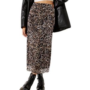 Avanova Women's Ditsy Floral High Waisted Skirts Lettuce Trim Summer Fall Boho Midi Skirt Leopard Dark Brown, X-Small