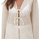 SHENHE Women's 2 Piece Swim Cover Up Set Tie Front Long Sleeve Kimono Cardigan and Shorts Beach Coverups (Beige, S)