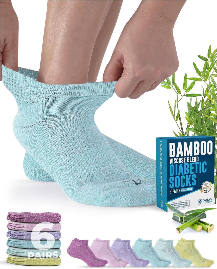 Doctor's Select Viscose Bamboo Ankle Diabetic Socks for Women and Men - 6 Pairs | Diabetic Ankle Socks for Men | Neuropathy Socks for Women | Pink, Light Pink, Purple, Blue, Green, Yellow, Large