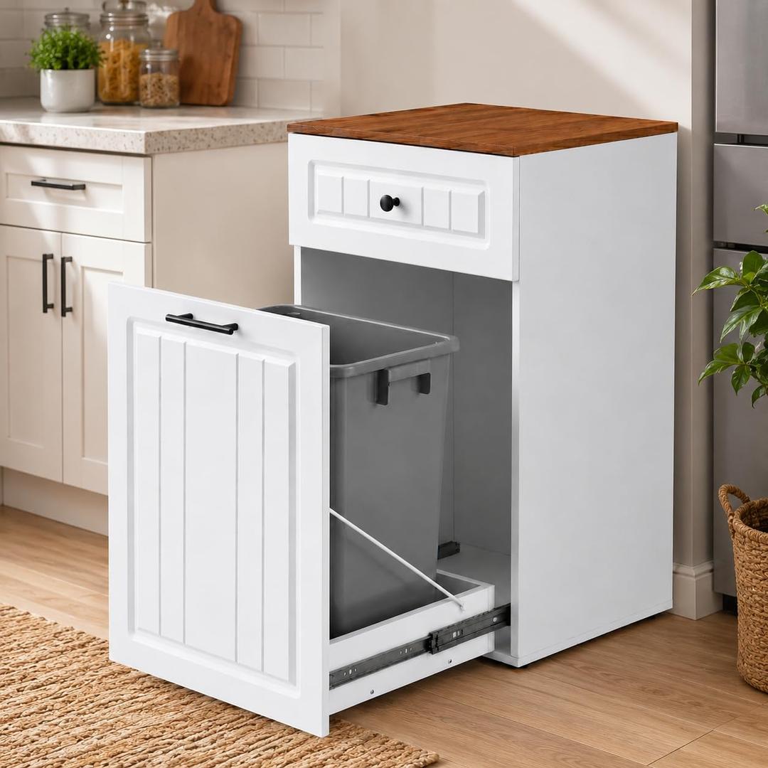 13 Gallon Pull Out Trash Cabinet Drawer Hidden Kitchen Bin
Hidden Kitchen Garbage Bin Storage, Freestanding Modern Farmhouse Waste Bin Cabinet Furniture, White