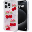 Big Cherry Bow for iPhone 16 Pro Max Case, Clear Glitter Sparkly Shiny Bling Sparkle Cute Cover, Anti-Scratch Soft TPU Slim Fit Shockproof Protective Phone Cases for Women Girls