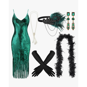 7 Pcs 1920s Women's Flapper Dress Sequin Dress Costume Headwear Earring Necklace Glove Stick Set and Long Feather Boa