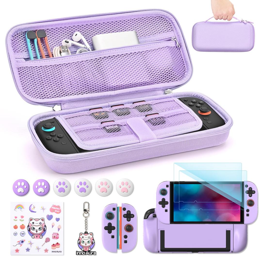 innoAura Switch 2 Case 14-in-1 Bundle for NS Switch 2 (2025), with Carrying Case, Protective Cover, Thumb Grips, Screen Protector, Cute Pendant and Sticker, Purple