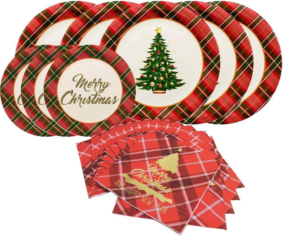 Gatherfun Christmas Party Supplies Christmas Tree Red Plaid Disposable Paper Dinner Plates Dessert Plates and Napkins for Party decorations, Serve 50 (150 Piece Set)