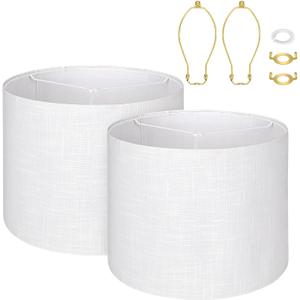 Extra Large White Lamp Shades Set of 2 Natural Linen 16" Top X 16" Bottom X 12" Height Lampshade Fits for Home Bedroom Living Room Decor Easy Assembly Required Lamp Shade Holder Included Spider Fitter