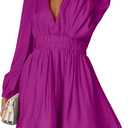 FAIABLE Mini Deep V Sexy Long Sleeve Dress for Women A-line High Waisted Casual Flowy Dress for Cocktail Wedding Guest (Purple, S)