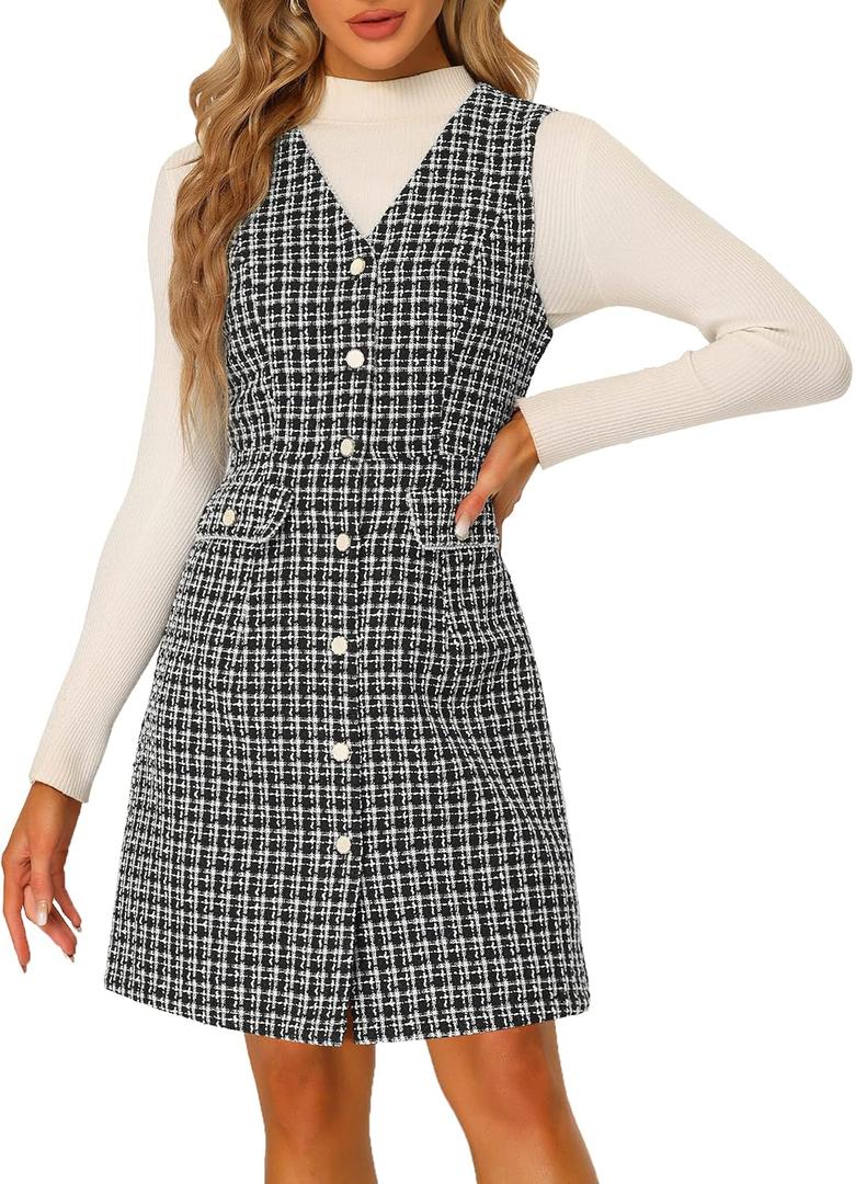 Allegra K Women's Pinafore Dress V Neck Button Down Pockets Vintage Sleeveless Plaid Tweed Dress (Black)