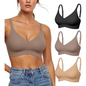 Womens Seamless Bras No Underwire Push Up Bras Scalloped V Neck Padded Bra Wireless Bralette Basic Everyday Bra Multiple Pack (X-Large, Black,skin,gray-3pack)
