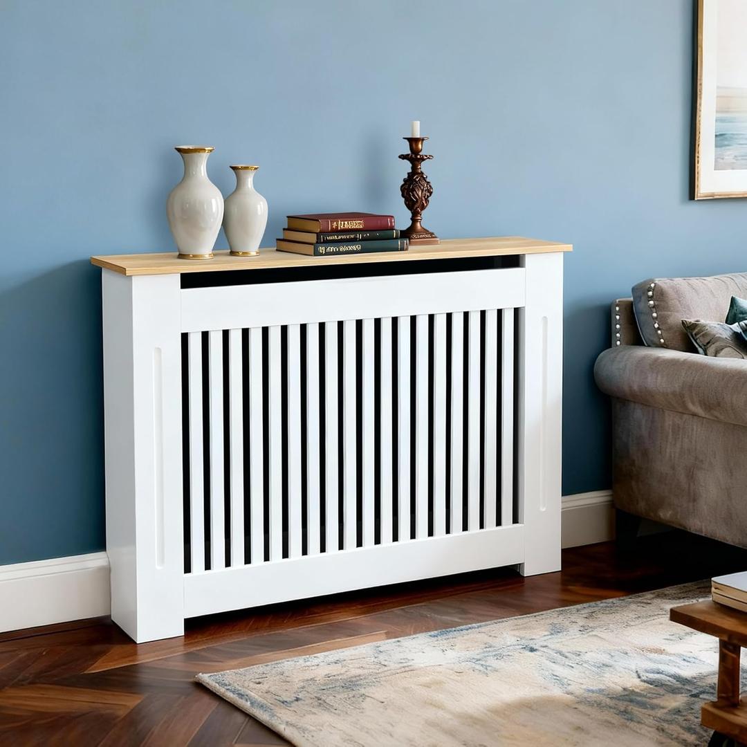 Wisfor Deep Tall Radiator Cover Cabinet: External 36.4inch Height Heater Covers with Natural Wood Texture Top - Inner 35.6inch Thickened MDF Radiator Shelf for Home (Vertical-M 35.6x41.3x7.1in)