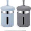 Stainless Steel Kids Cups, 12.51 oz Toddler Tumbler with Straws and Lids, Spill-Proof Baby Smoothie Cup with Silicone Sleeve, Versatile 2-in-1 Drinking Snack Cups for Kids (Gray+Blue)