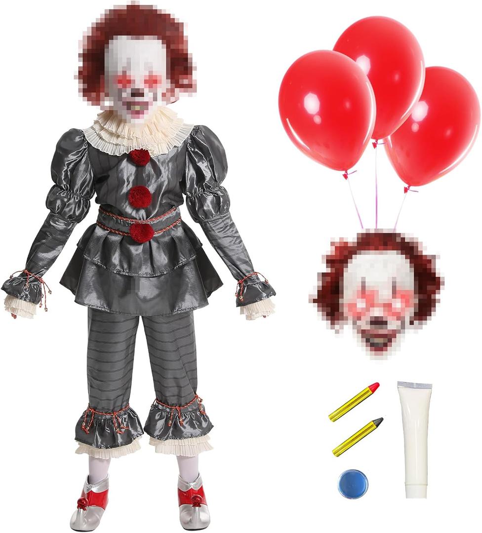Kids Clown Costume, Boys Girls Clown Costumes with Light-Up Mask Balloons Makeup Kit for RolePlay Party-M