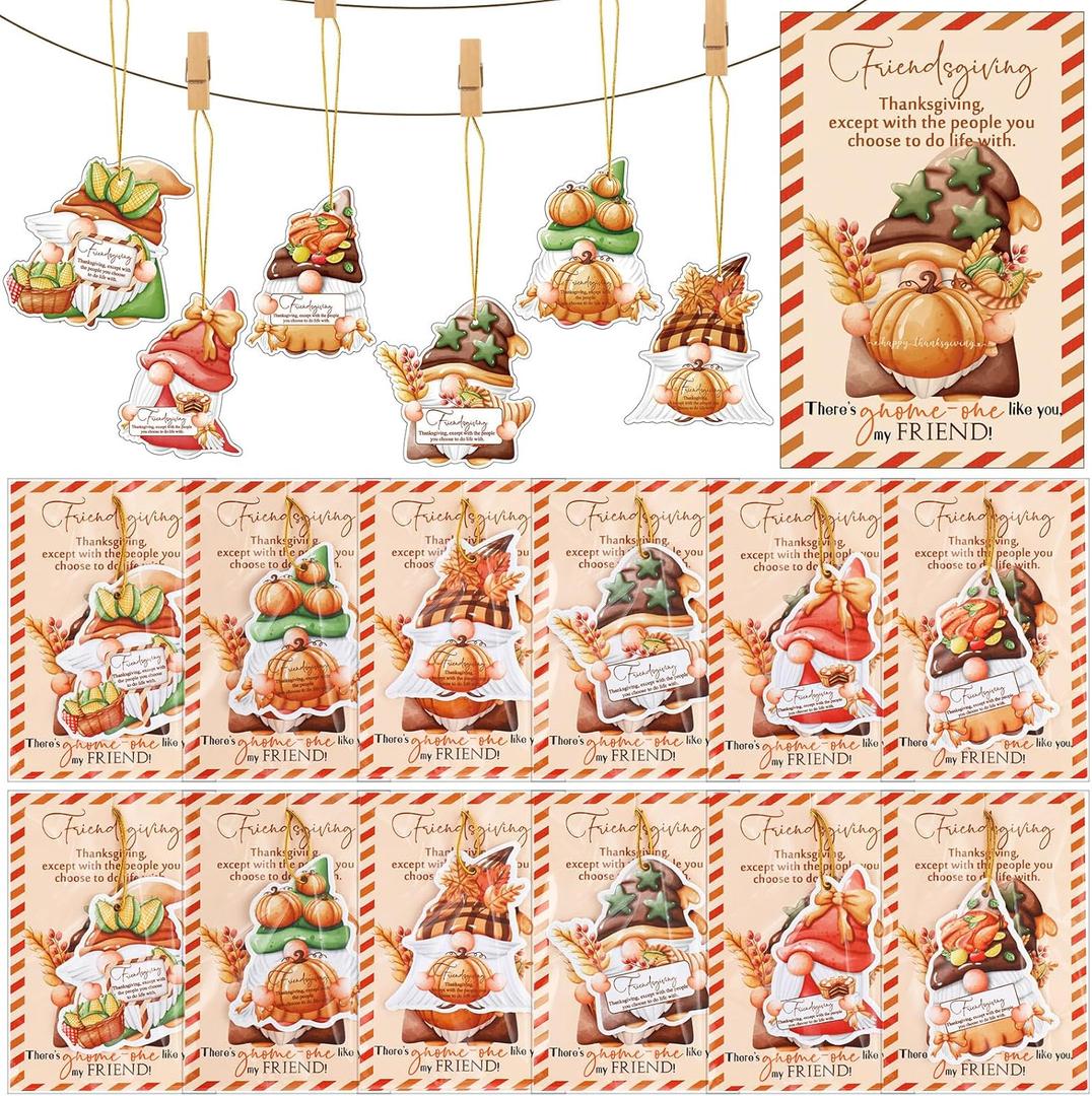 Loopeer 24 Set Christmas Car Air Fresheners Bulk Friendsmas Gnome Scented Hanging Ornament with Thank You Cards Gnome Car Air Fresheners Gift for Friends Home Christmas Party Decor