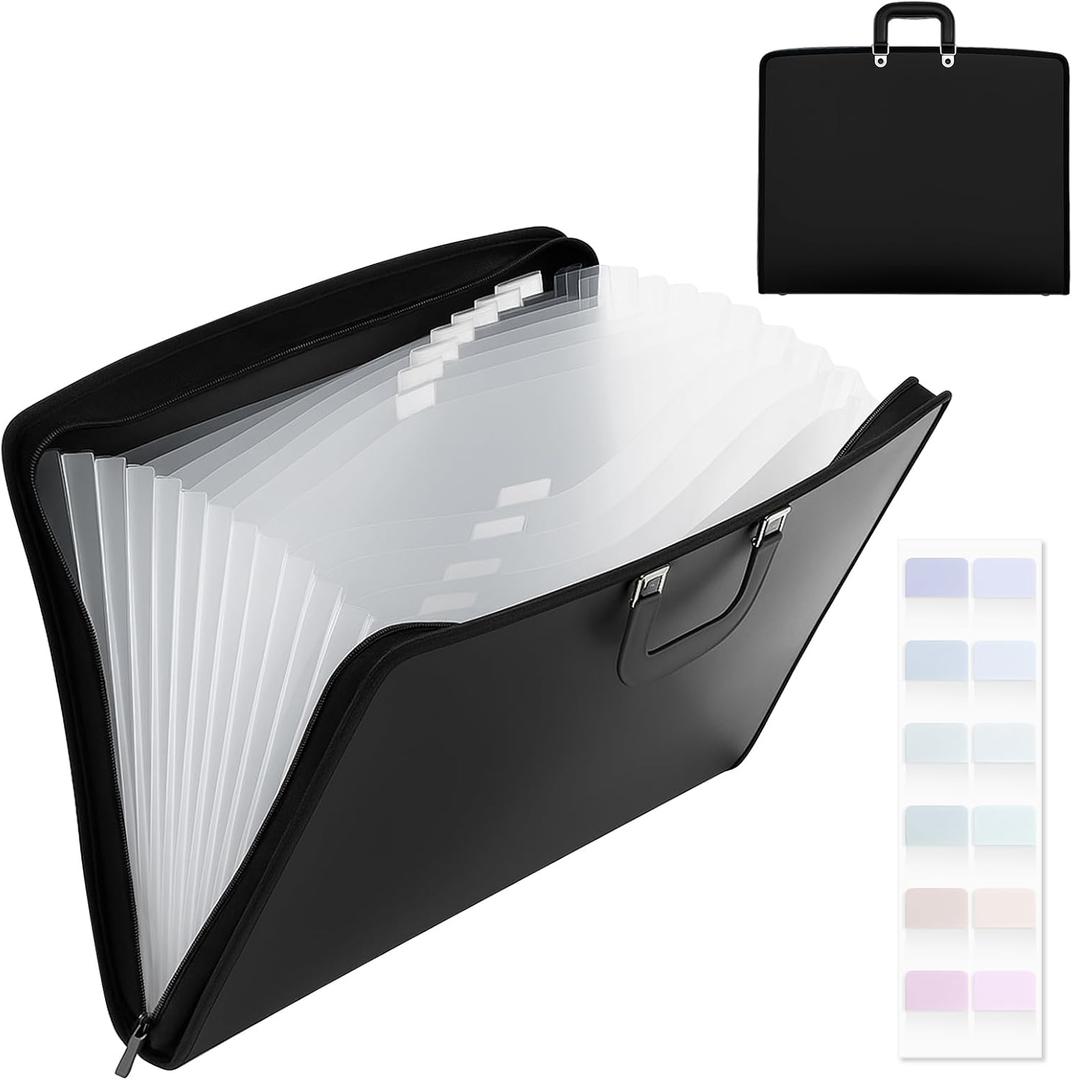 Dunzoom 1 Pack 11 x 17 Art Portfolios, Expanding File Organizer with 13 Pocket for Artwork, Painting Document Binder with Handle, Zipper and 120 Pcs Sticky Labels, Oxford Cloth Edge (Black)