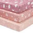 Baby Mini Crib Sheets Girl, Portable 38x26 Pack and Play Sheets Fitted for Playard and Pack N Play Mattress, 3-Pack Soft Microfiber Pink Stars