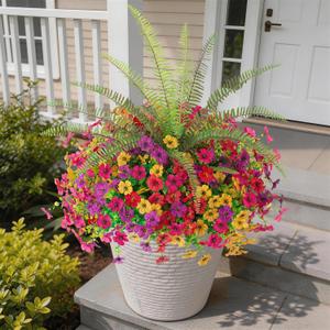 INQCMY Artificial Flowers for Outdoor 12 Pcs Faux Silk Daisy and 1 Pcs Fake Long Leaved Grass UV Resistant Tall Ferns for Home Doorway Courtyard Garden Backyard Decorative (Red Lotus Rose Red Yellow)