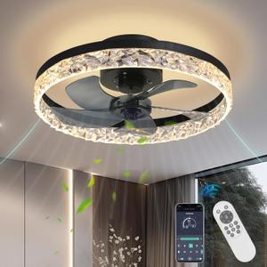 Crystal Ceiling Fans with Lights,19.7" Flush Mount Ceiling Fan with Remote,Low Profile,Reversible,Noiseless,Dimmable,Black Fandelier Chandelier Ceiling Fan for Bedroom.