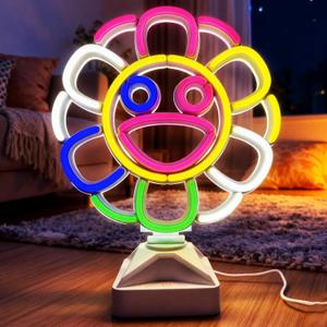 Sunflower Smile Face Neon Sign, Flower neon Sign, 3D Carved Wall & Table Decor with Touch Dimming, USB Powered Light for Bedroom/Office/Party/Birthday Gifts