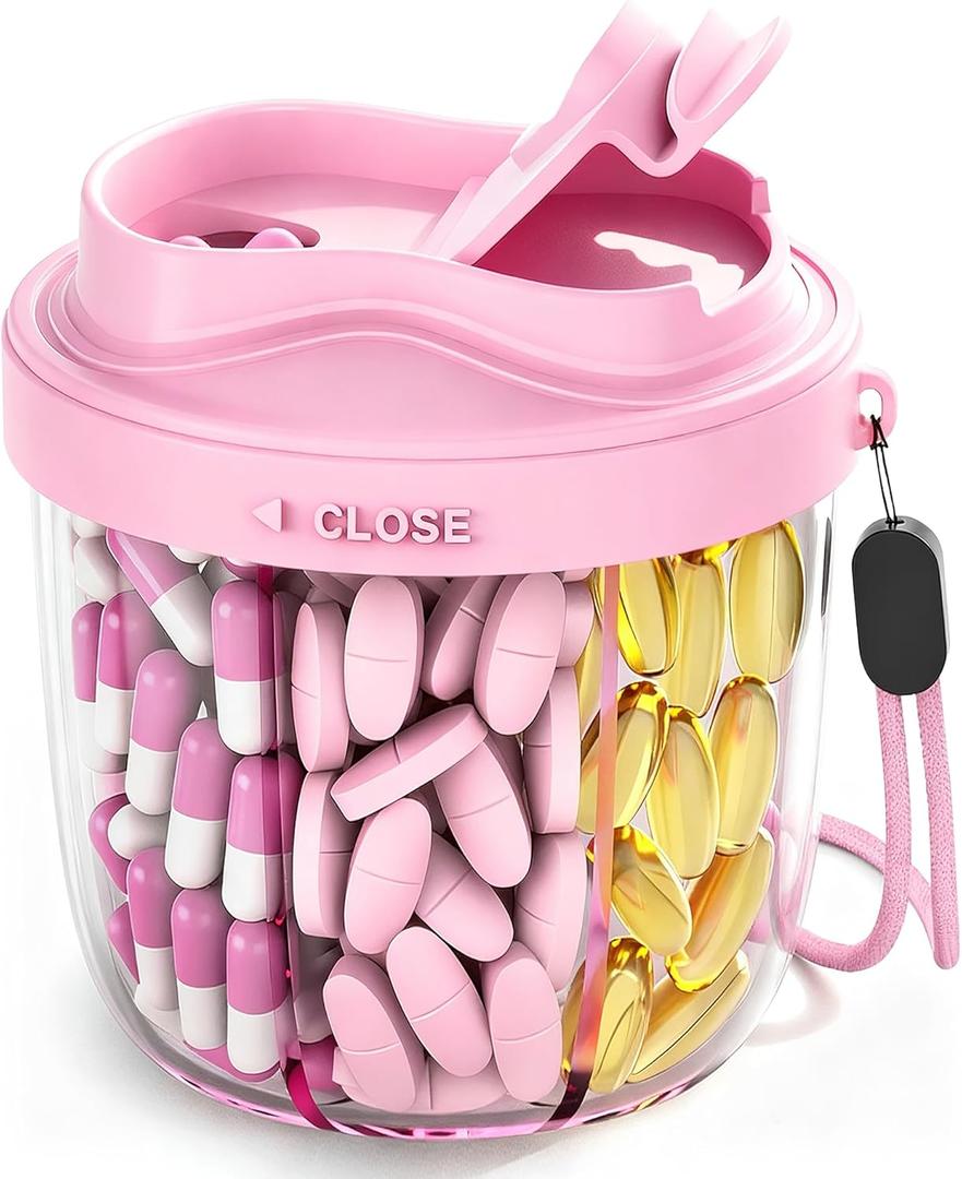 Cute Pill Organizer,Pill Dispenser with 7 Large Compartments,Portable Pill Bottle Box with Wide Opening for Easy Use, Anti-Mix Pills Organizer for Travel,Includes 20 Pcs Sticky LabelsPink