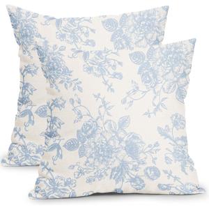 Vintage Floral Pillow Covers 18x18 Inch Set of 2 Baby Blue and Cream Floral Throw Pillow Covers Chinoiserie Flower Pillowcases Rustic Farmhouse Cushion Covers for Couch Home Decor