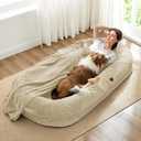 Human Dog Bed for Adult - Luxury Faux Fur Giant Size Dog Bed with Portable Handle, Egg Orthopedic Foam Bed with Blanket, 72"x40"x10", Linen