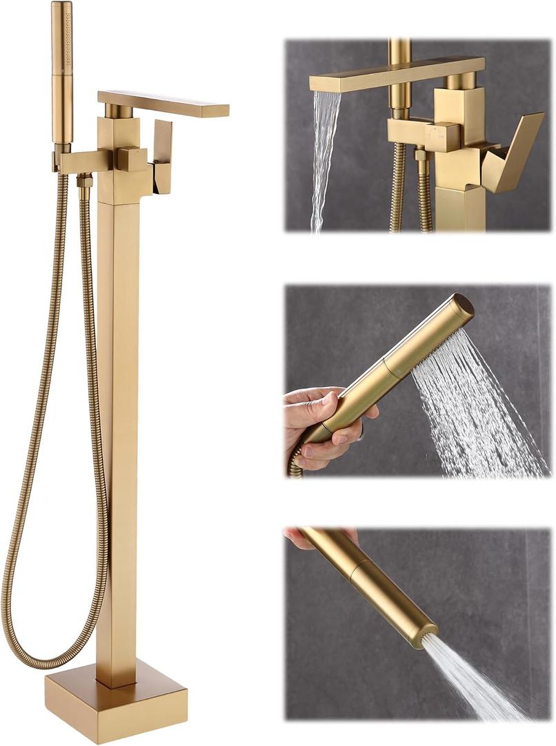 Free Standing Tub Faucet, Floor Mount Bathroom Tub Filler, Single Handle Freestanding Bathtub Shower Faucets with Handheld Sprayer, Brushed Gold
