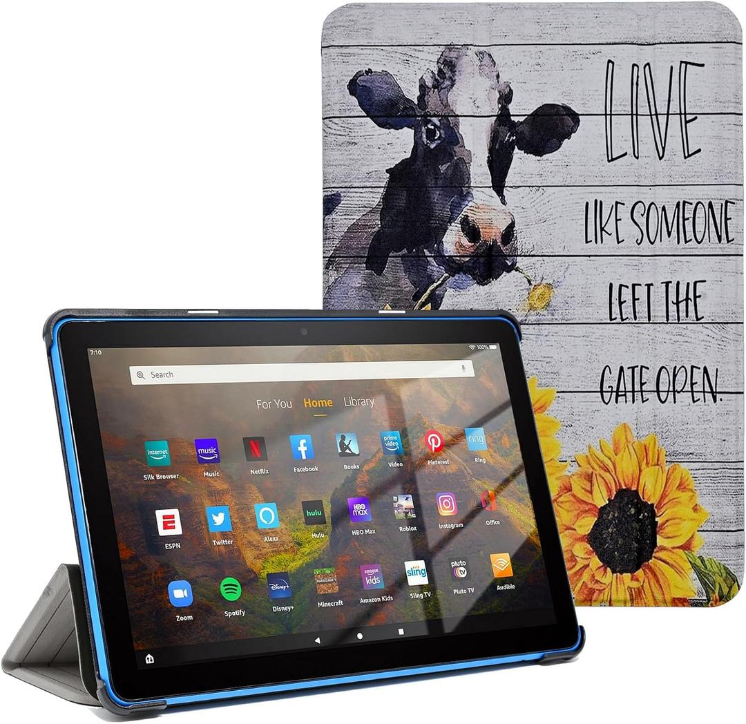 Case for Amazon Kindle Fire HD 8 Tablet 8"(12th/10th Generation, 2024/2022/2020 Release) & HD 8 Plus, PU Leather Multi-Angle Stand Cover Auto Wake/Sleep, Cow with Sunflower