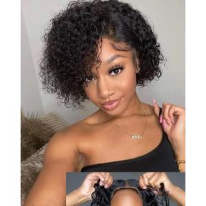 Pixie Cut Wig Human Hair 4x4 Glueless Wig 8 Inch Short Curly Wig Human Hair For Black Women Glueless Wigs Human Hair Pre Plucked Pre Cut Lace Closure Wear and Go BOB Wigs 180% (Black, 8 inche)